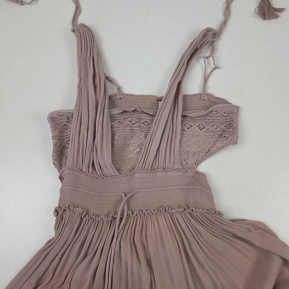 Free People Dress Womens Large Mauve Boho Maxi Lace Crochet Ruffle Smocked - Picture 8 of 14